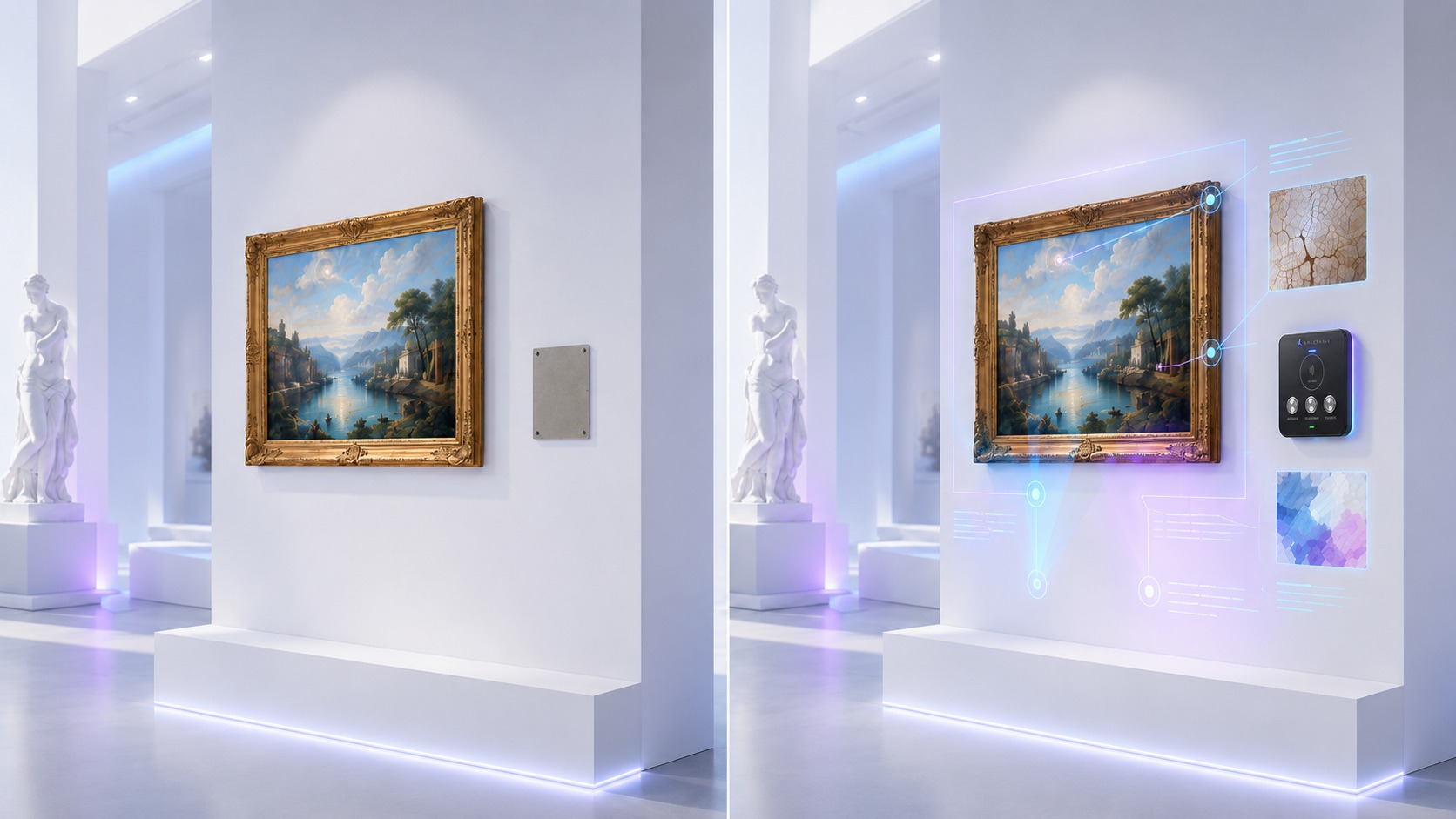 Ilustração antes e depois de uma parede de museu, com uma legenda convencional de uma obra de um lado e interpretação contextual projetada pela Spectaria em torno da mesma obra com uma Placa M3 do outro lado