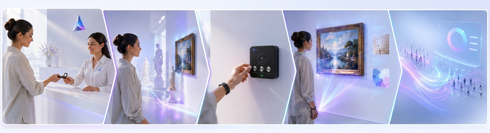 Percurso do visitante Spectaria em cinco etapas: receção com pulseira NFC anónima, aproximação à obra, interação com a Placa M3, exploração espacial por projeção e indicadores agregados