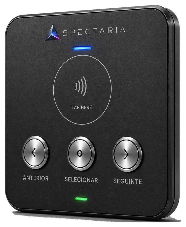 Spectaria Plate M3, placa de interação física para museus com zona NFC e três botões: Anterior, Selecionar e Seguinte